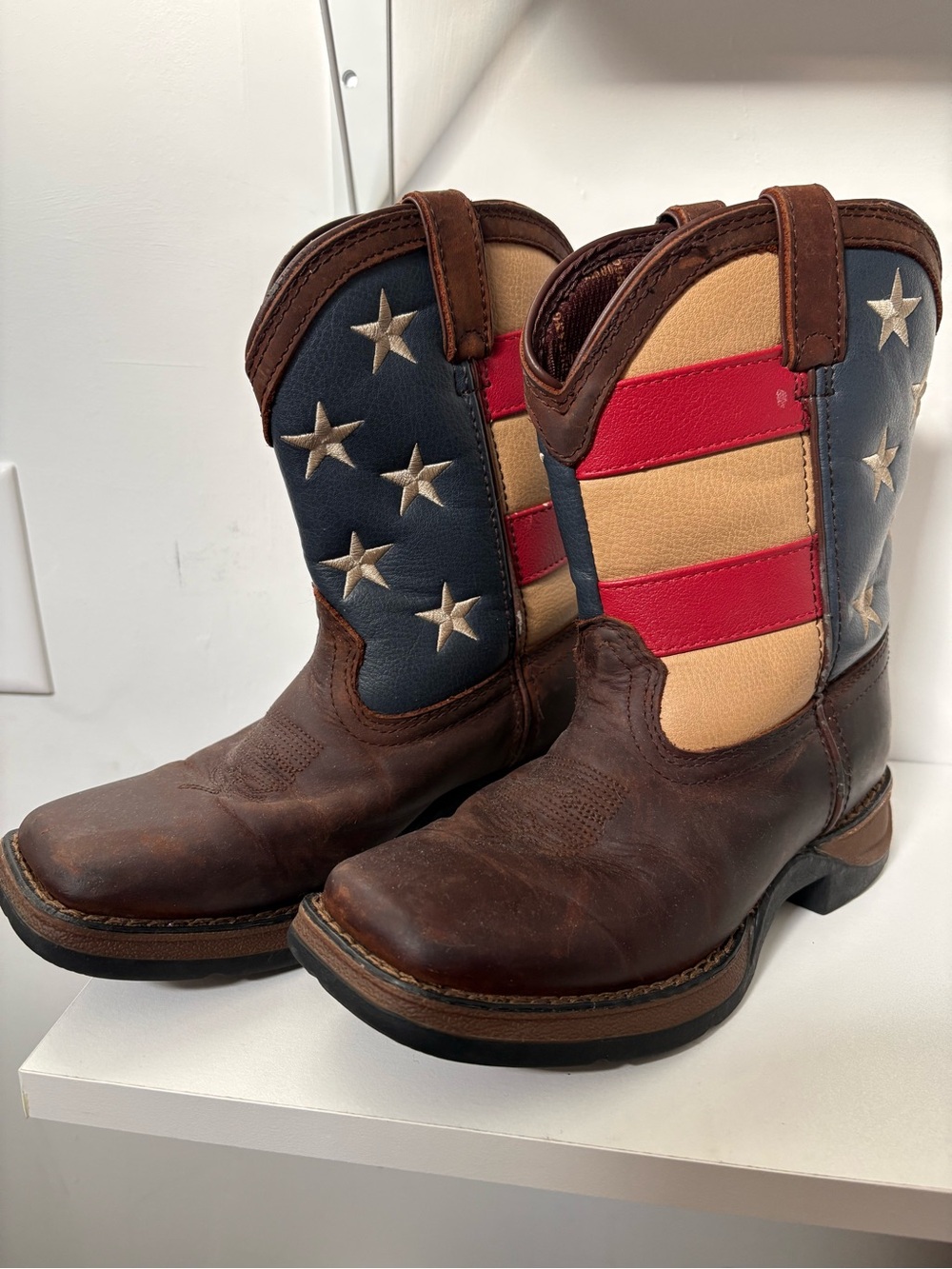 Durango Kids Brown Leather Cowboy Boots with Red, Blue & Cream Flag Panels
